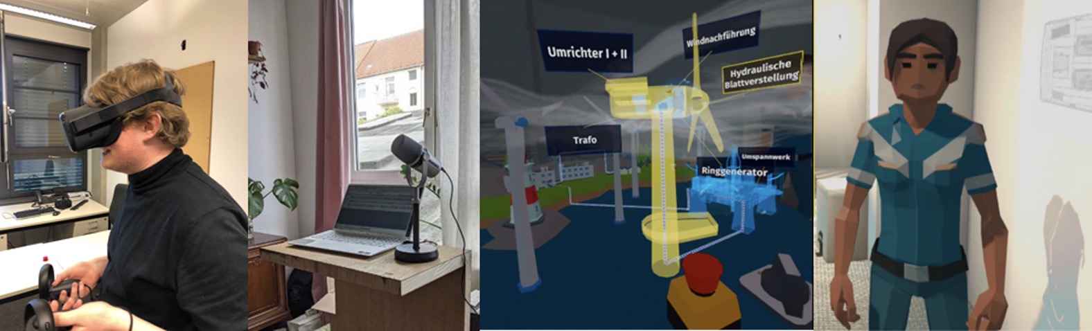 Mensch mit Virtual Reality Brille auf dem Kopf. Bild aus dem MARLA-Prototypen auf dem die Instruktorin an einem kleinen Modell einer Windenergieanlage steht.